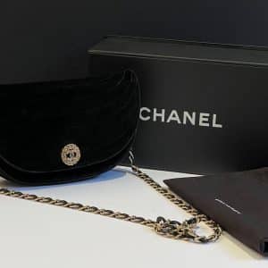 chanel 1980s half moon flap bag vintage cc logo jewel button
