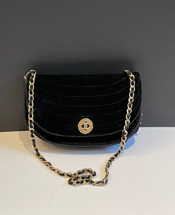 chanel 1980s half moon flap bag vintage cc logo jewel button