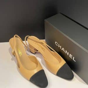 chanel slingback goatskin & grosgrain beige & black cc logo w/box