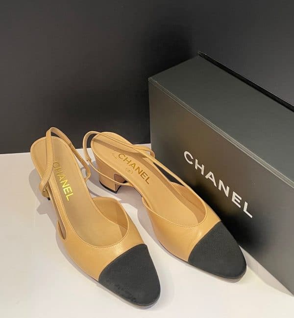 chanel slingback goatskin & grosgrain beige & black cc logo w/box