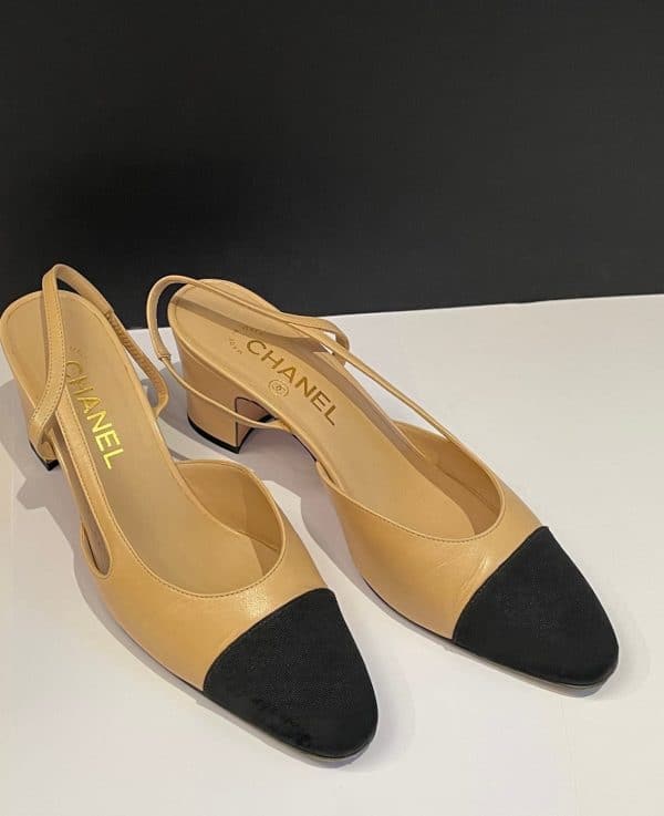 chanel slingback goatskin & grosgrain beige & black cc logo w/box