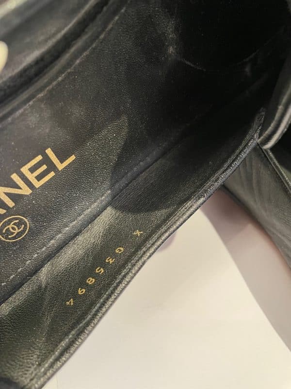 chanel cc logo gold pearl black leather flat loafer pump w/box