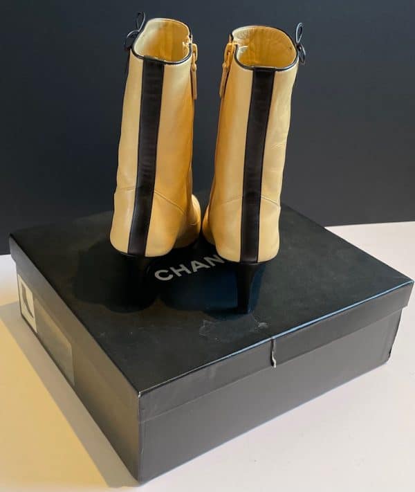chanel high ankle boots calfskin beige & black cc logo bow & stripe rare