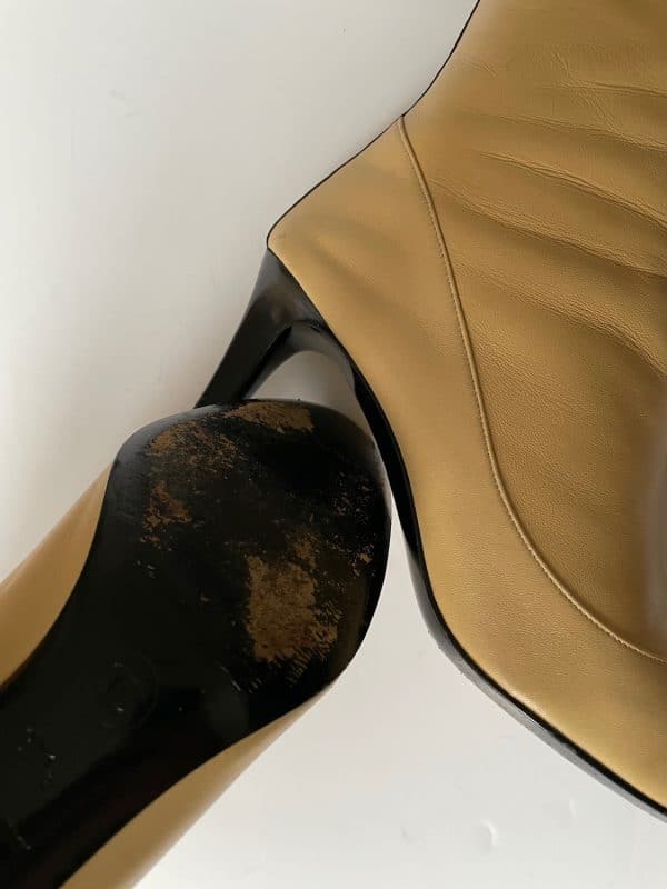 chanel high ankle boots calfskin beige & black cc logo bow & stripe rare