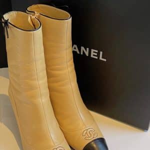 chanel high ankle boots calfskin beige & black cc logo bow & stripe rare