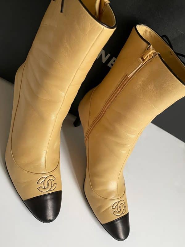 chanel high ankle boots calfskin beige & black cc logo bow & stripe rare