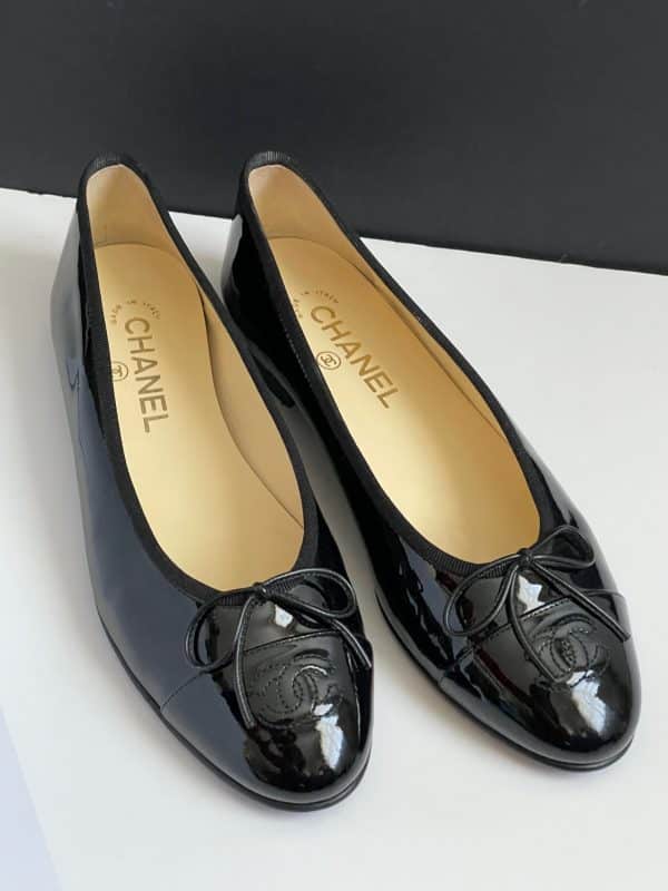 chanel leather ballet flats ballerina cc logo black bow shoes pumps w/box