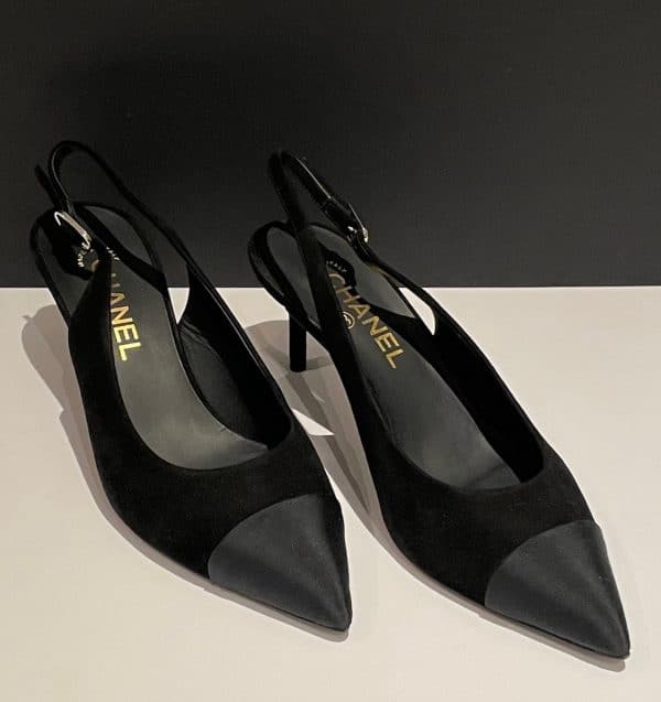 chanel slingback heels cc logo grosgrain black suede shoes pumps