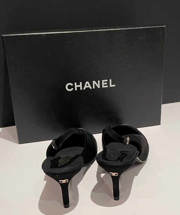 chanel slingback heels cc logo grosgrain black suede shoes pumps