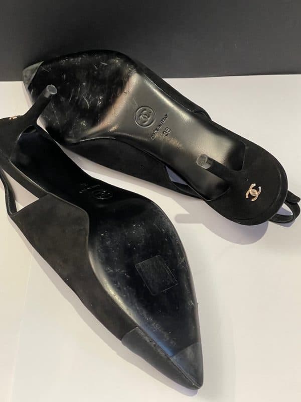 chanel slingback heels cc logo grosgrain black suede shoes pumps