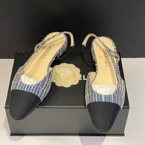 chanel slingback sandals tweed blue & grosgrain black