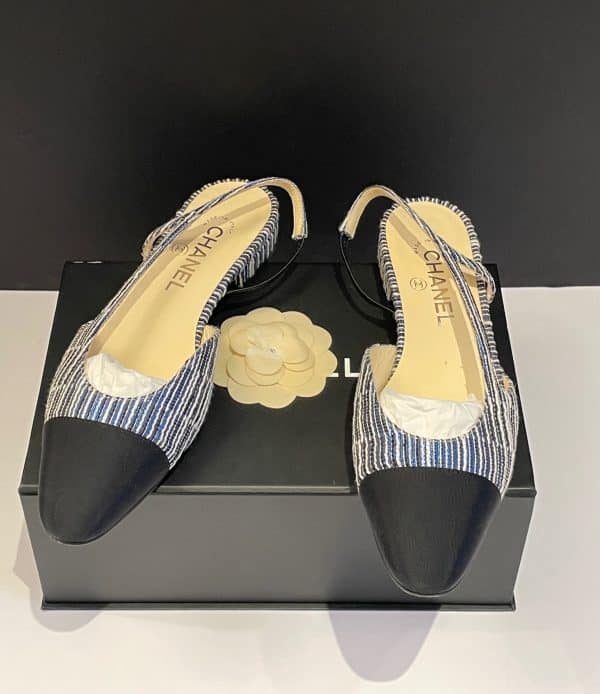 chanel slingback sandals tweed blue & grosgrain black