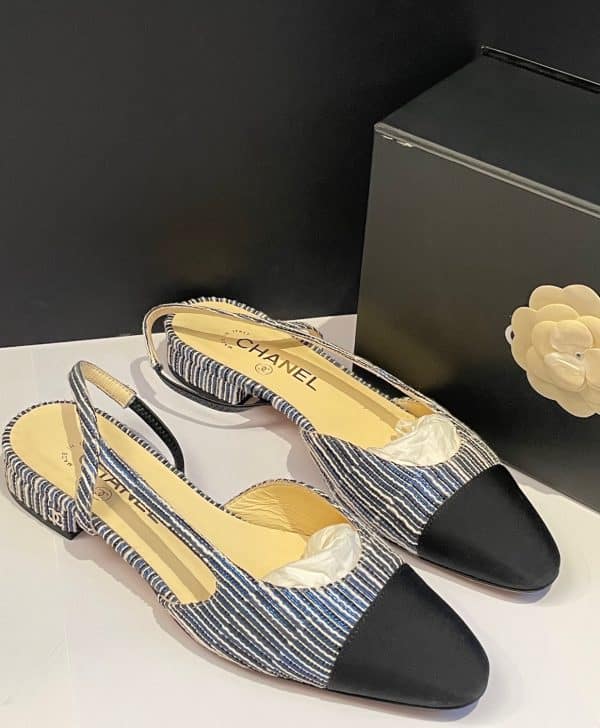 chanel slingback sandals tweed blue & grosgrain black