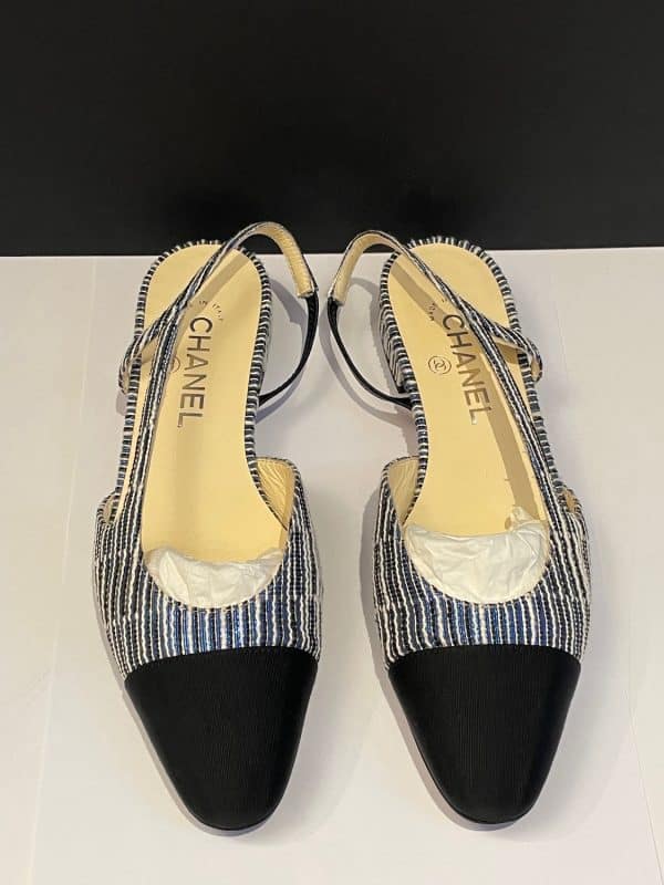 chanel slingback sandals tweed blue & grosgrain black