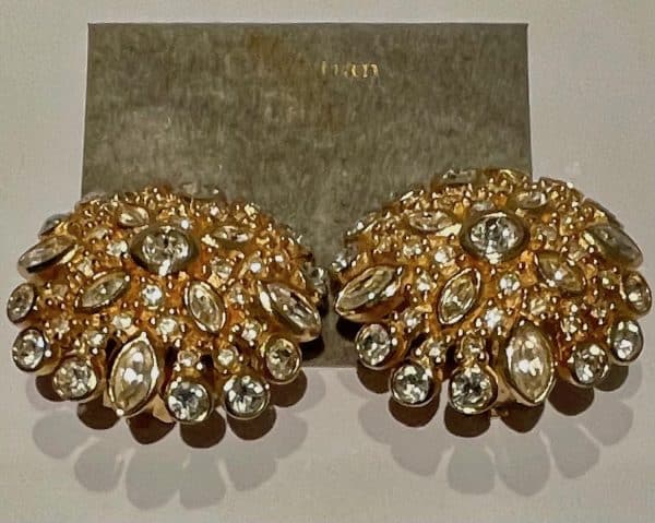 christian dior vintage large flower swarovski crystals gold tone earrings 1980