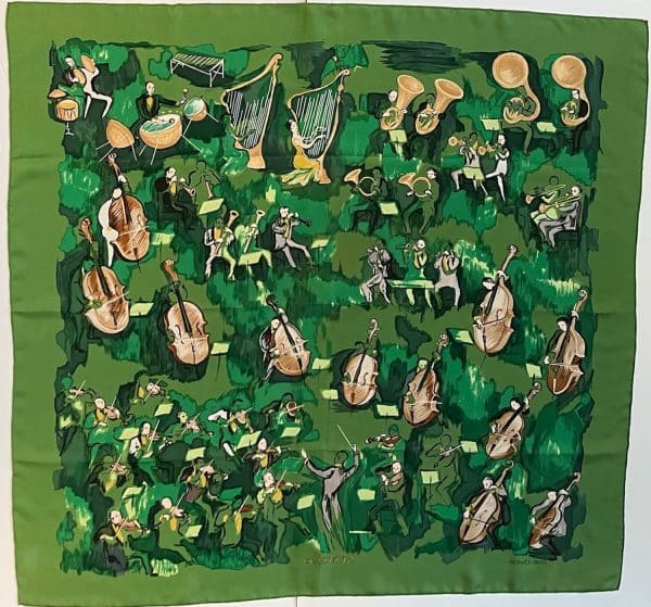 hermÈs vintage silk scarf concerto green by jean louis clerc 1996 w/box