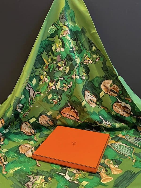 hermÈs vintage silk scarf concerto green by jean louis clerc 1996 w/box