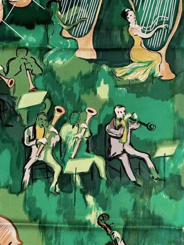 hermÈs vintage silk scarf concerto green by jean louis clerc 1996 w/box