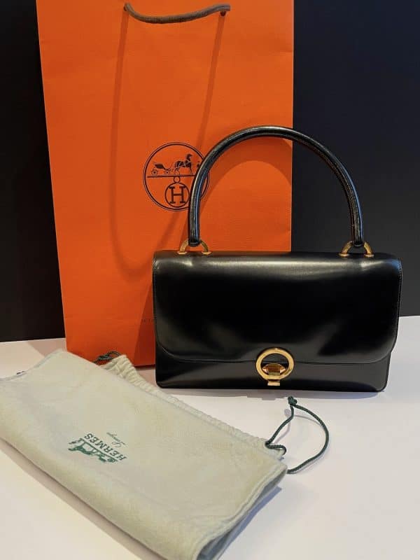 hermÈs vintage box calf leather black bag 1952