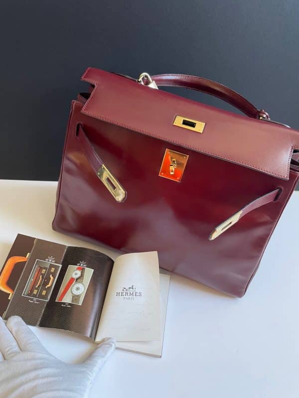 hermÈs vintage kelly 28 burgundy bordeaux box calfskin ghw iconic 1987
