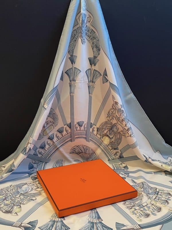 hermÈs vintage silk scarf egypte blue by caty latham 1970 w/box