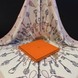 hermÈs vintage silk scarf les clefs by caty latham pink gold 1965 w/box