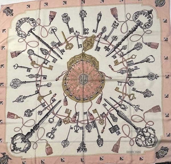 hermÈs vintage silk scarf les clefs by caty latham pink gold 1965 w/box