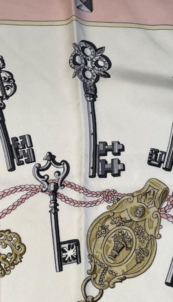 hermÈs vintage silk scarf les clefs by caty latham pink gold 1965 w/box