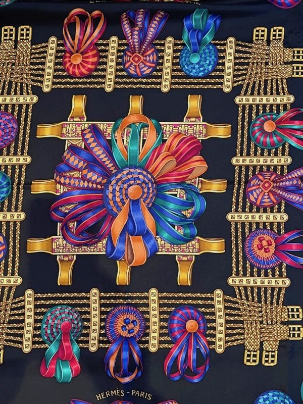 hermÈs vintage silk scarf les rubans du cheval black multi by joachim metz 1993 w/box