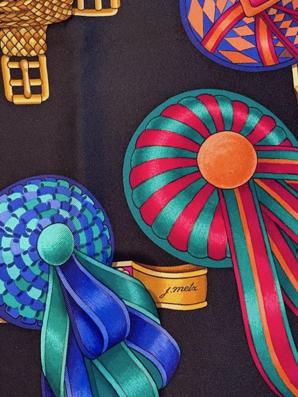 hermÈs vintage silk scarf les rubans du cheval black multi by joachim metz 1993 w/box