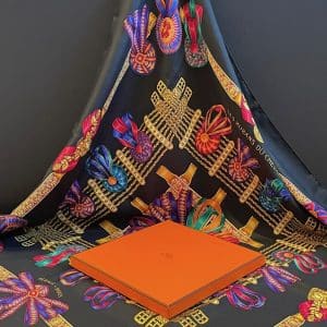 hermÈs vintage silk scarf les rubans du cheval black multi by joachim metz 1993 w/box