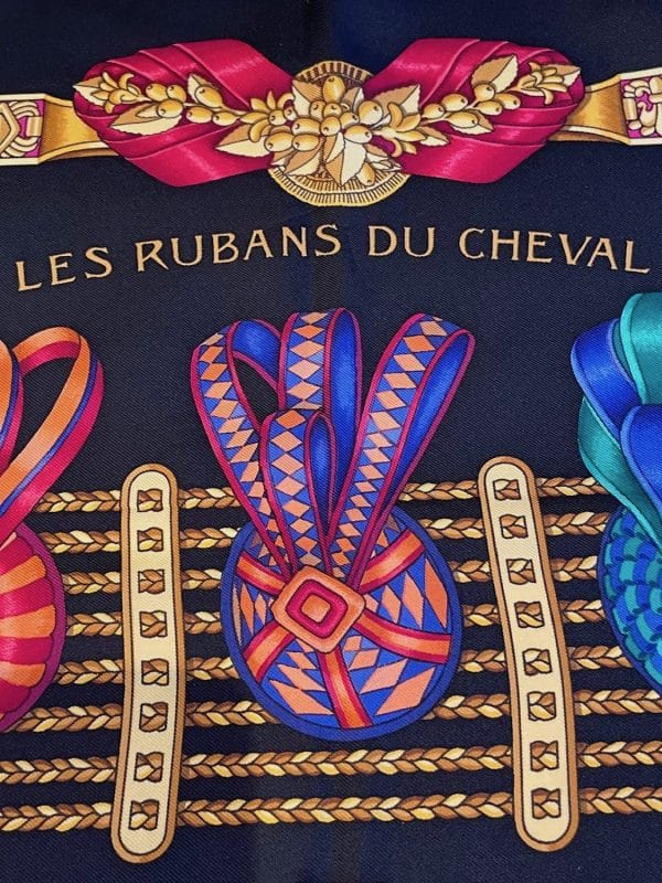 hermÈs vintage silk scarf les rubans du cheval black multi by joachim metz 1993 w/box