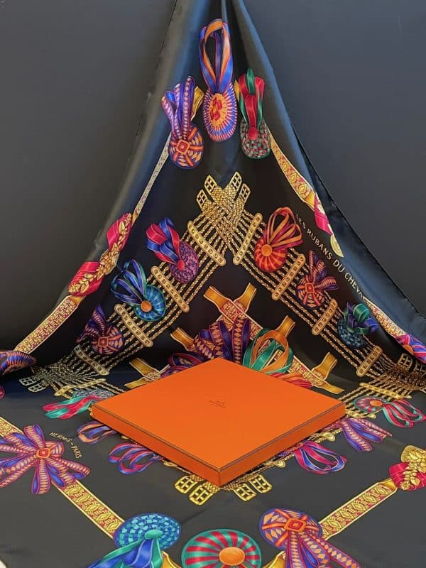 hermÈs vintage silk scarf les rubans du cheval black multi by joachim metz 1993 w/box