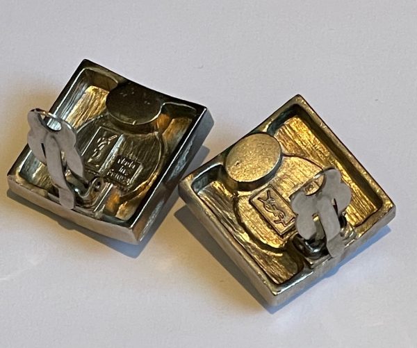 yves saint laurent 1970s square minimalist hammered chrome pearl earrings vintage