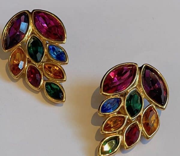 yves saint laurent vintage by robert goossens ysl leaf diamenté coloured earrings 1983
