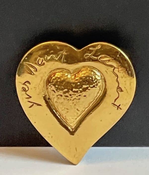 yves saint laurent vintage double heart shaped hammered brooch pin logo c.1983