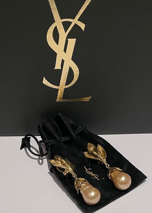 yves saint laurent ysl by goossens vintage leaf pearl drop earrings 1989