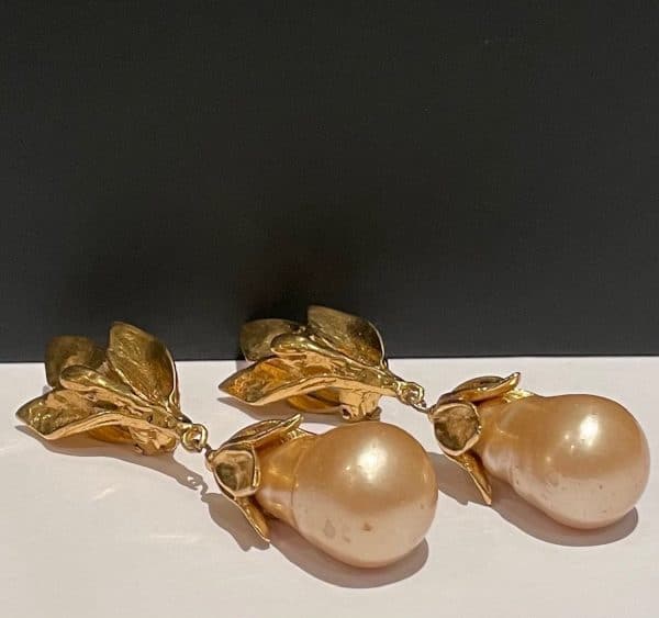 yves saint laurent ysl by goossens vintage leaf pearl drop earrings 1989
