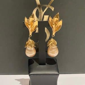 yves saint laurent ysl by goossens vintage leaf pearl drop earrings 1989