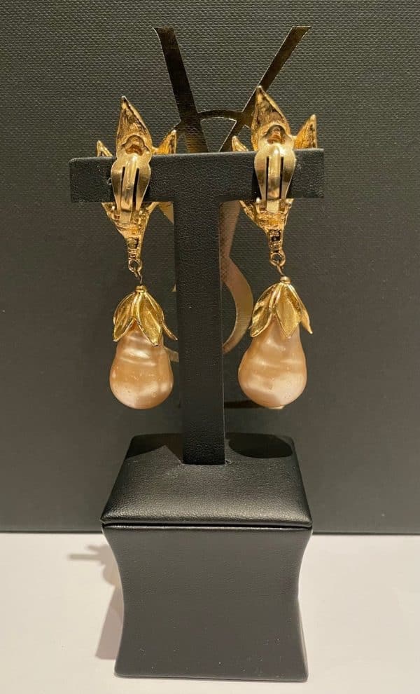 yves saint laurent ysl by goossens vintage leaf pearl drop earrings 1989