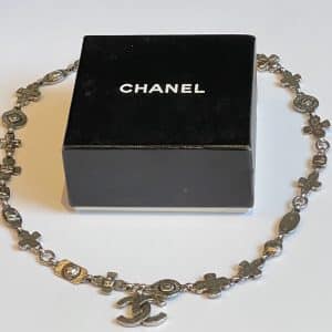 chanel necklace silver cc logo cross pendant & leaf clover w/box c.1999