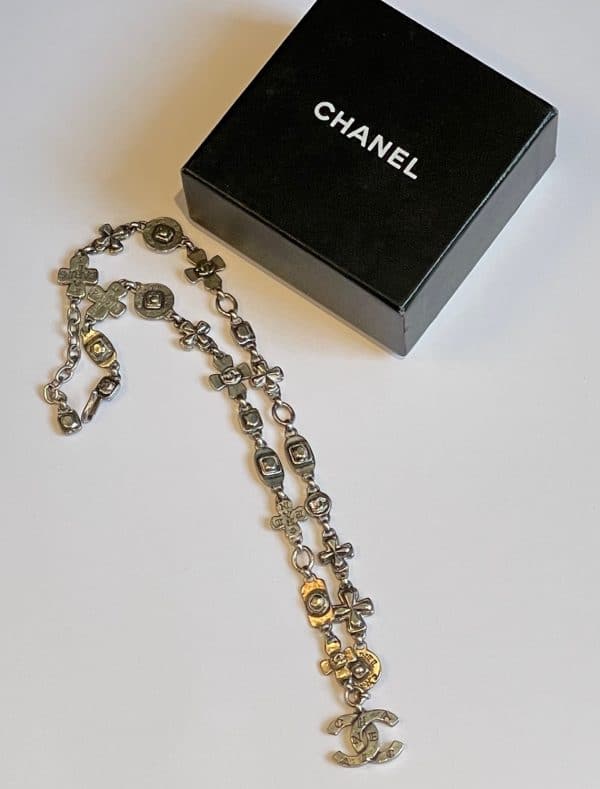chanel necklace silver cc logo cross pendant & leaf clover w/box c.1999