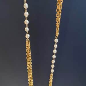 chanel vintage double strand necklace gold & baroque pearl w/box c.1980