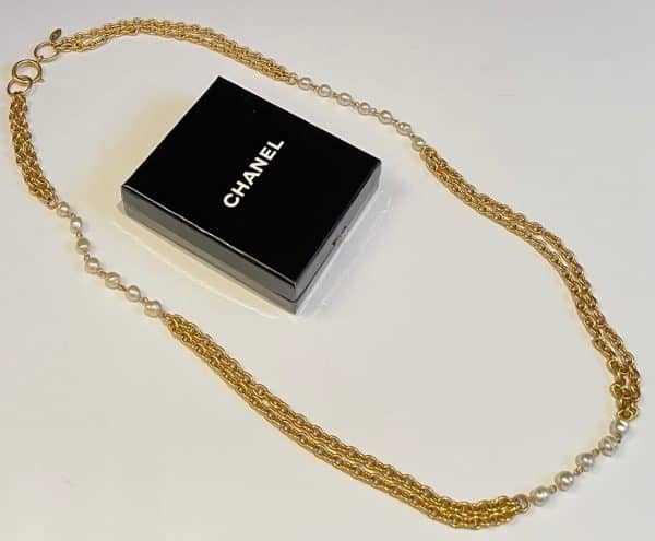 chanel vintage double strand necklace gold & baroque pearl w/box c.1980