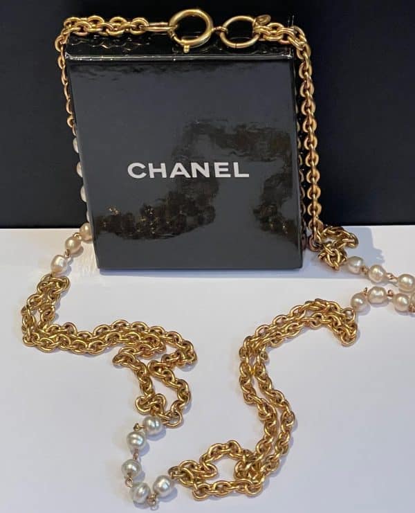 chanel vintage double strand necklace gold & baroque pearl w/box c.1980