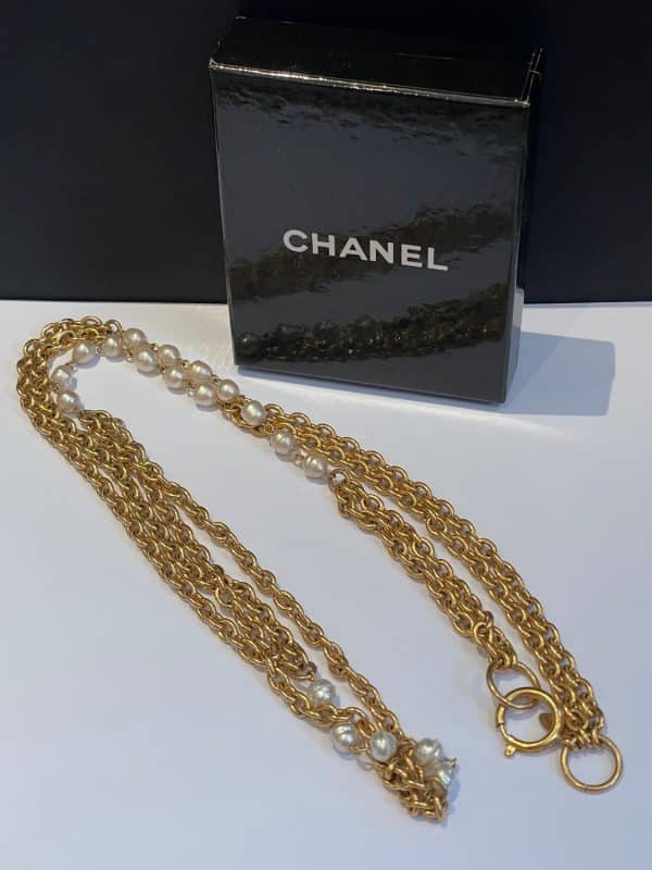 chanel vintage double strand necklace gold & baroque pearl w/box c.1980