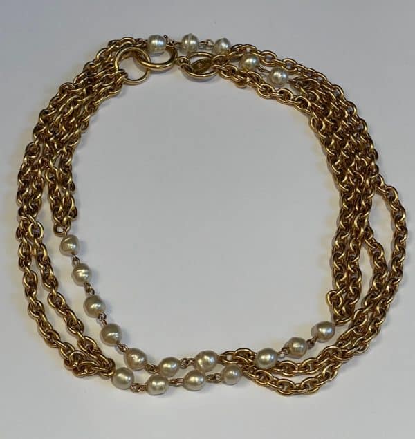 chanel vintage double strand necklace gold & baroque pearl w/box c.1980