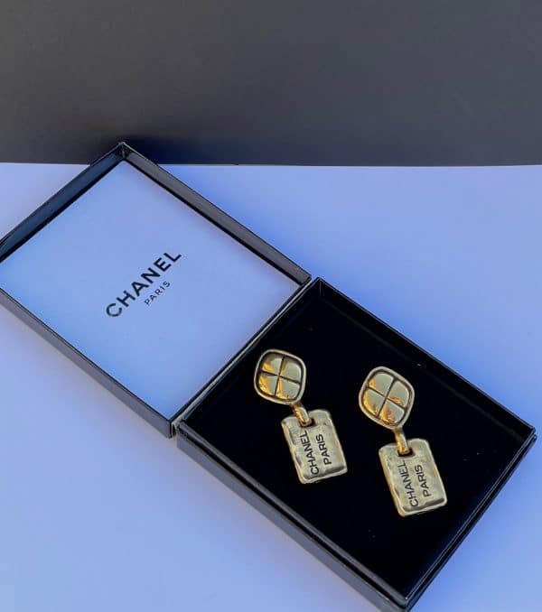 chanel vintage earrings leaf clover chanel paris logo drop dangle clip w/box c.1980s