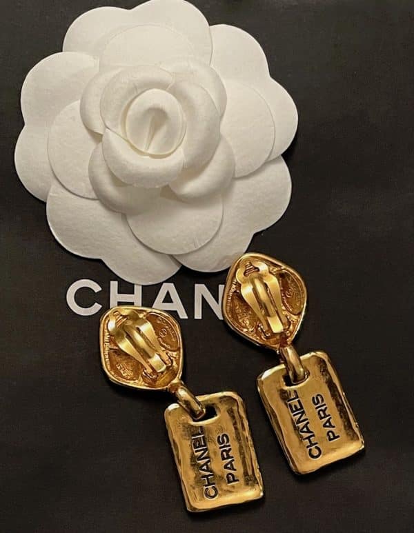 chanel vintage earrings leaf clover chanel paris logo drop dangle clip w/box c.1980s