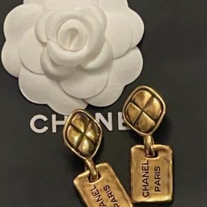 chanel vintage earrings leaf clover chanel paris logo drop dangle clip w/box c.1980s